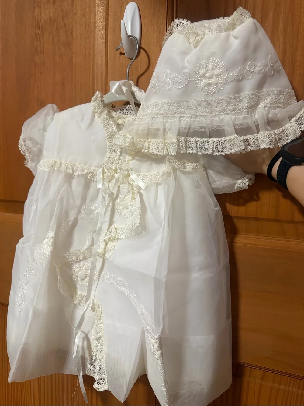 Vintage 1960s 4pc Ivory Lace Baby Christening Dress with Matching Bonnet